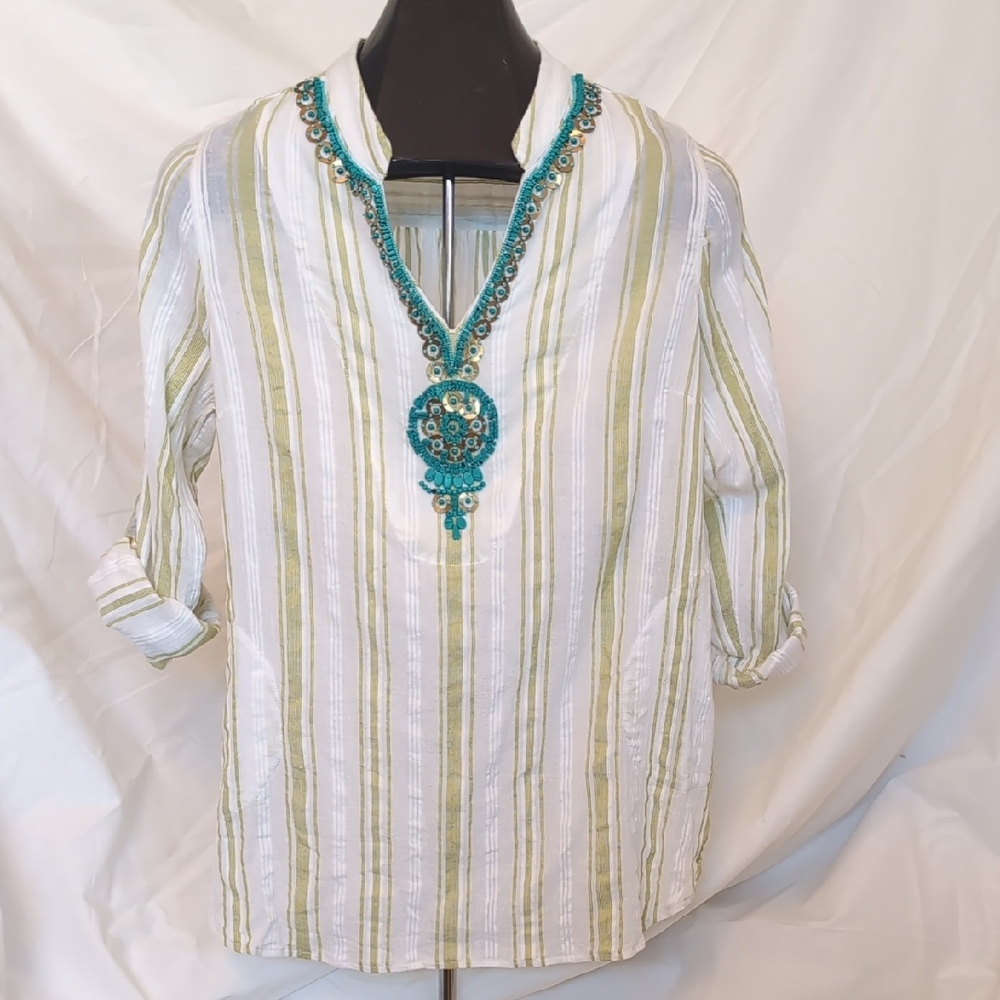 Soft Surroundings Elisha Gauze White and Green Striped Tunic